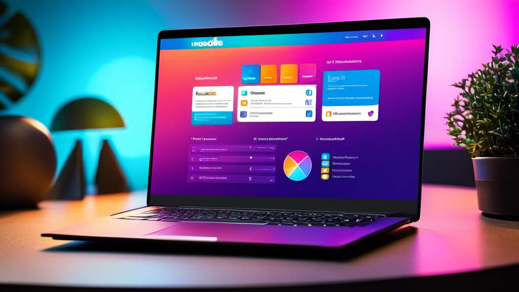 A laptop displays a vibrant Moodle interface, showcasing colorful theme options for e-learning, set on a desk with stylish decor and soft lighting.